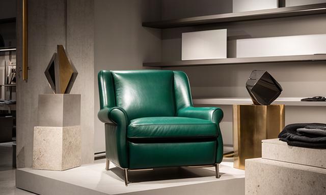 Poltrona in pelle verde petrolio esposta come installazione in un concept store milanese