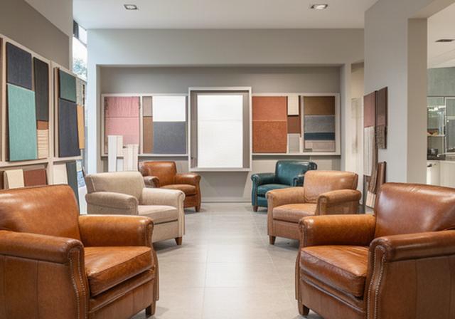 Showroom di arredamento in pelle con poltrone esposte e campioni di pellame a Pieve Emanuele
